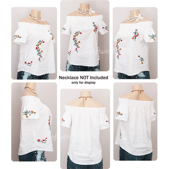 White Floral Embroidered Off Shoulder Cotton Top - Picture 7 of 8